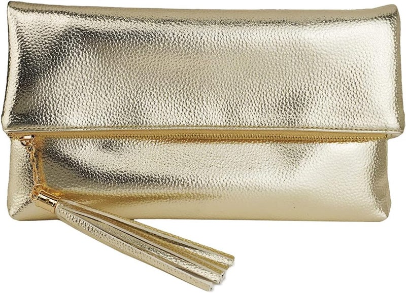 JNB Women's Cracked Metallic Fabric Foldover Clutch with Tassel - Image 1